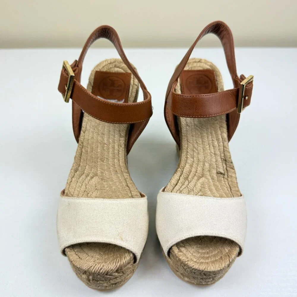 Tory Burch Espadrille Wedge Sandals White Canvas Toe Brown Leather Ankle Strap